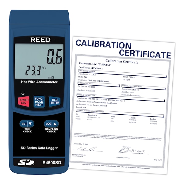 REED R4500SD Data Logging Hot Wire Thermo-Anemometer, includes ISO Certificate